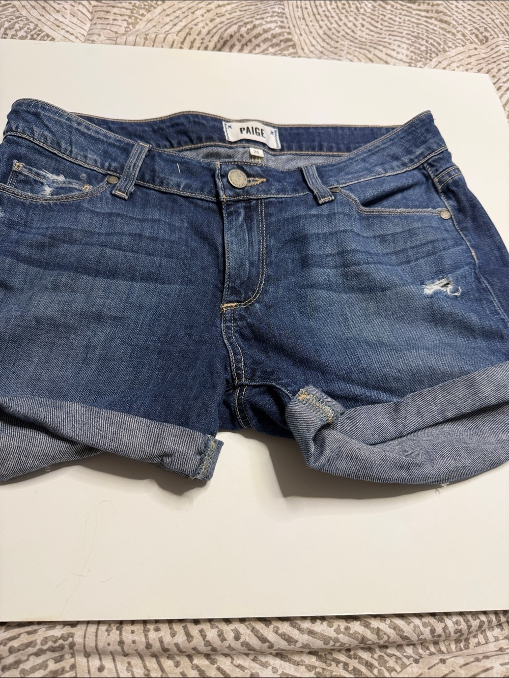 PAIGE Rolled Hem Distressed Denim Shorts - Blue